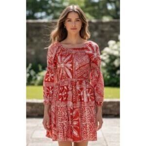 Busayo kunmi geo printed smocked fit flare cotton red white mini dress size xs